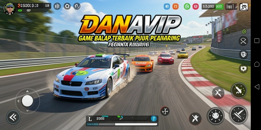 Screenshot gameplay DANAVIP menampilkan aksi balap yang mendebarkan di lintasan.
