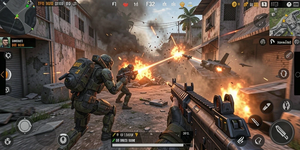 Gameplay F32 yang mendebarkan dan penuh aksi dalam TPS.