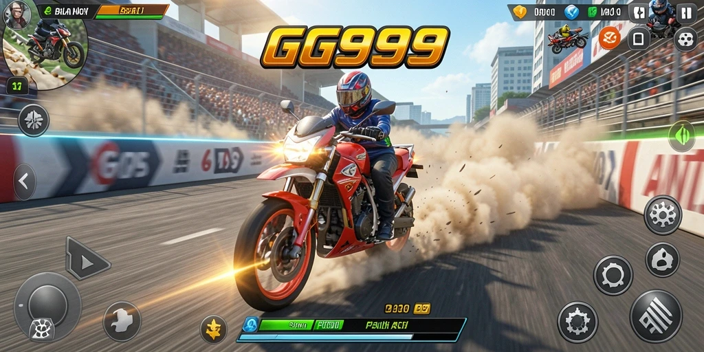 Tampilan gameplay GG999 yang memukau dan penuh aksi balapan motor.