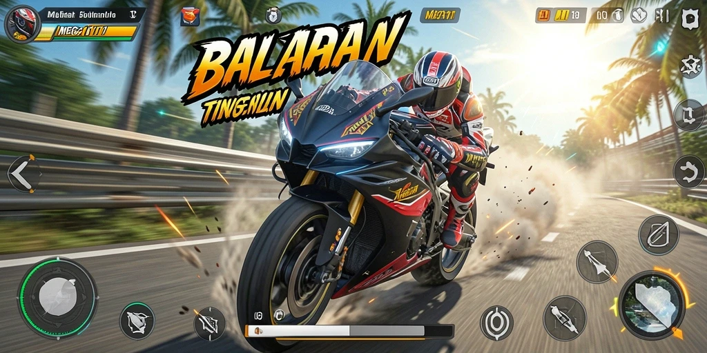 Screenshot utama MEGA111 menampilkan aksi balapan motor yang mendebarkan.