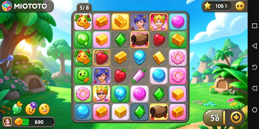 Tangkapan layar menunjukkan gameplay seru dari MIOTOTO dengan kombinasi colorful item.