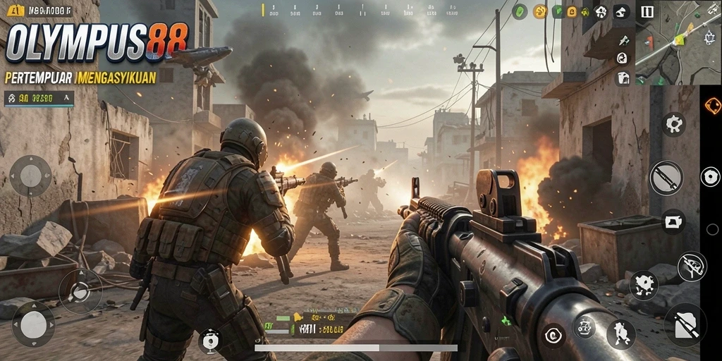 Screenshot OLYMPUS88 menampilkan aksi gameplay FPS yang intens.