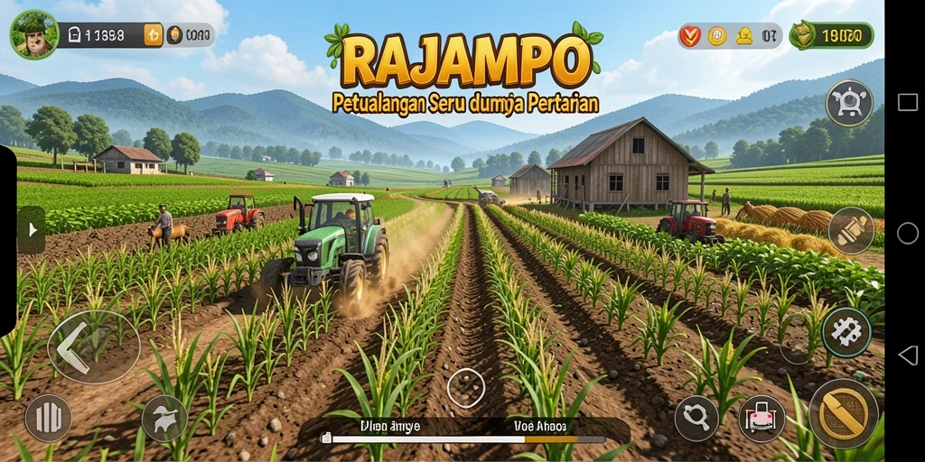 Tampilan menarik gameplay farming RAJAMPO dengan lahan hijau dan hewan.
