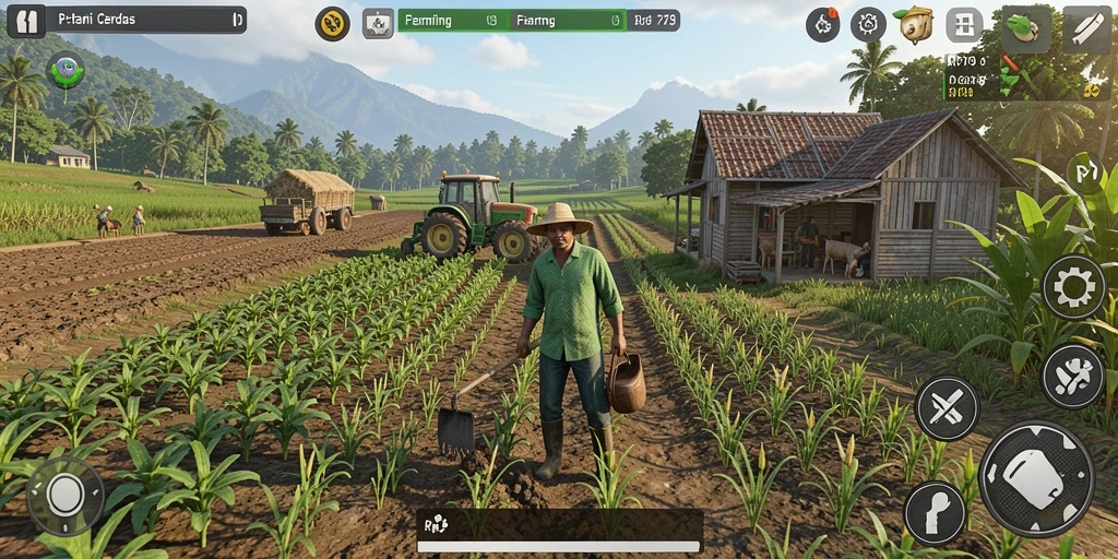 Tampilan gameplay RP79 dengan petani mengelola ladang hijau.