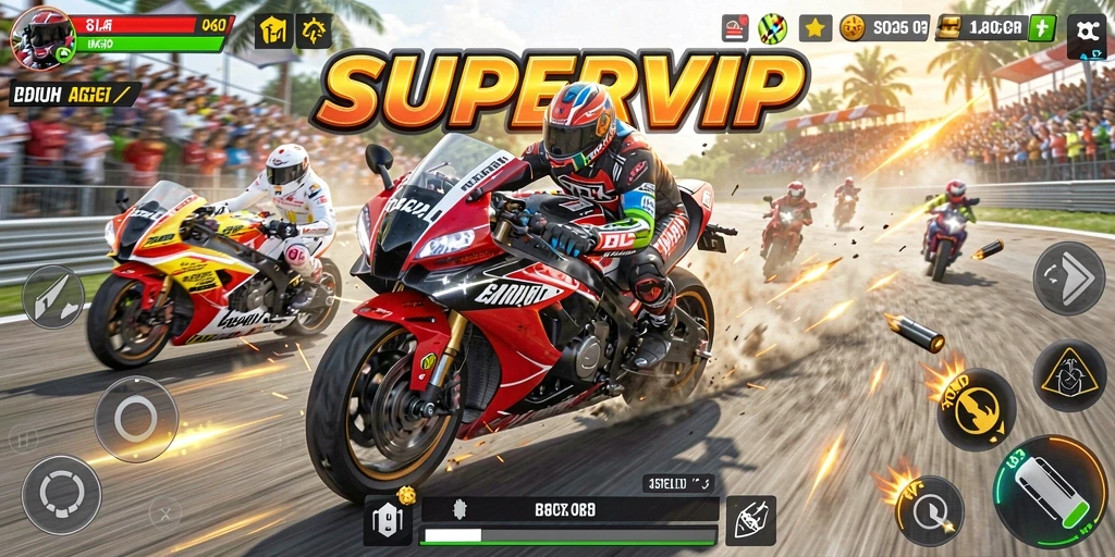 Tampilan gameplay menampilkan balapan motor seru di berbagai trek.