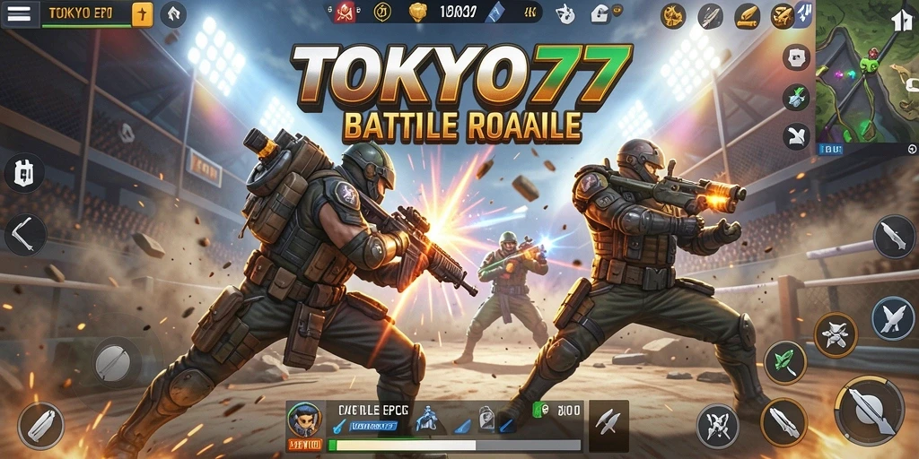 Gameplay intens dalam pertarungan Battle Royale TOKYO77.