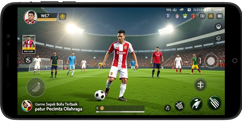 Tampilan gameplay W67 dengan aksi sepak bola yang mendebarkan.