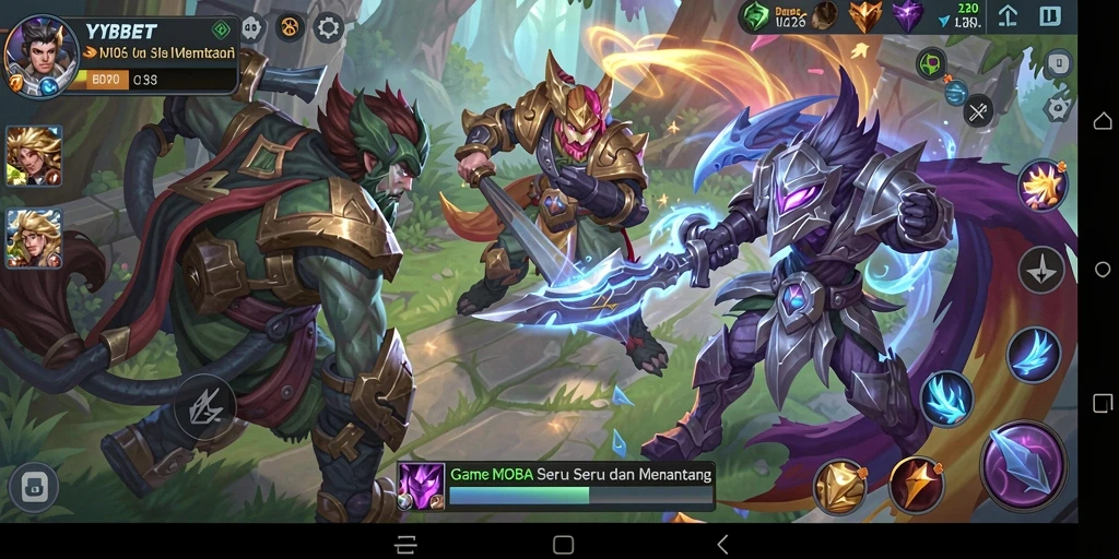 Screenshot utama menampilkan aksi pertarungan seru dalam game MOBA.